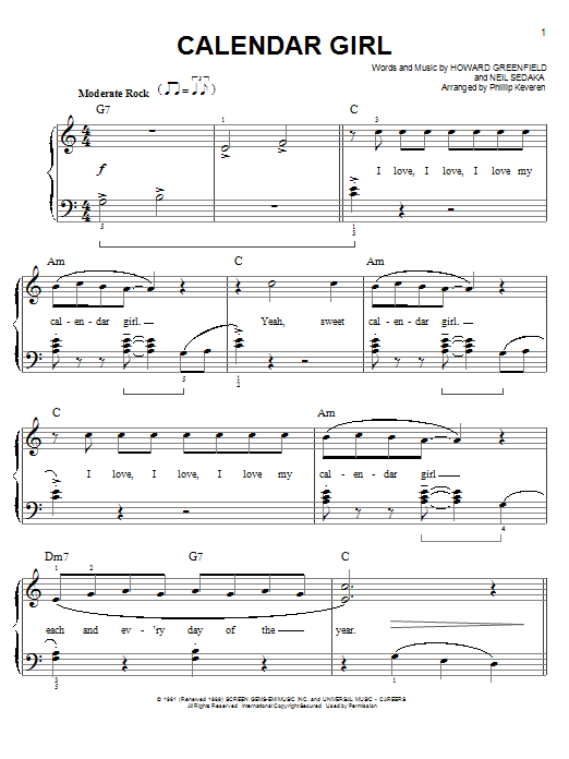 Neil Sedaka Calendar Girl Sheet Music Notes & Chords for Easy Piano - Download or Print PDF