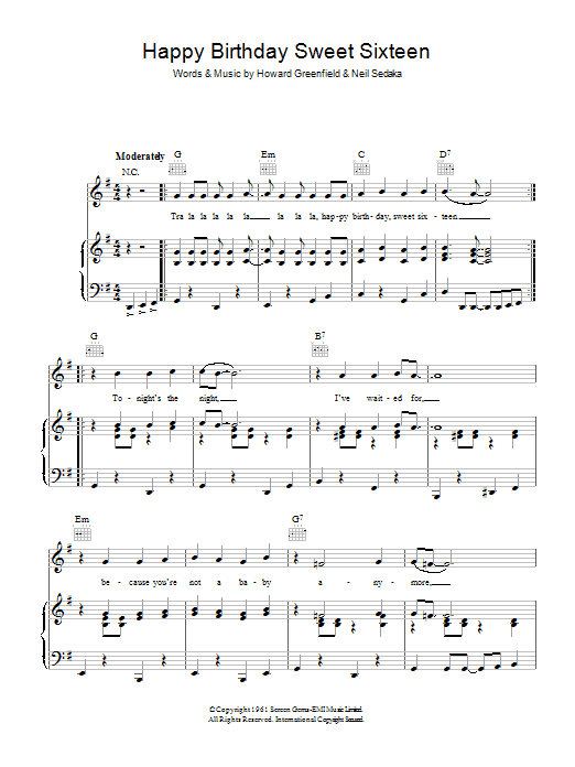 Neil Sedaka Happy Birthday Sweet Sixteen Sheet Music Notes & Chords for Melody Line, Lyrics & Chords - Download or Print PDF