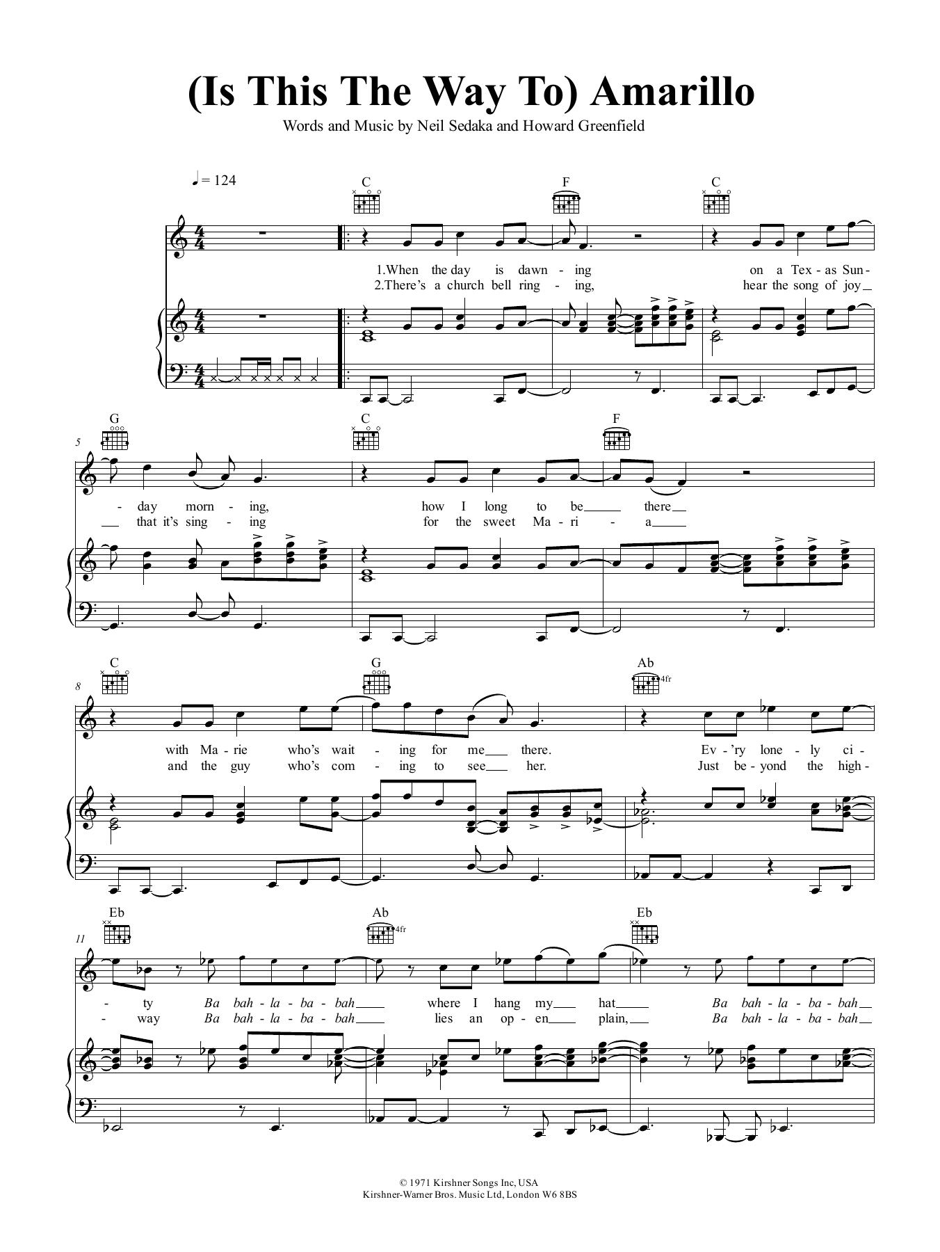 Neil Sedaka (Is This The Way To) Amarillo Sheet Music Notes & Chords for Piano, Vocal & Guitar (Right-Hand Melody) - Download or Print PDF