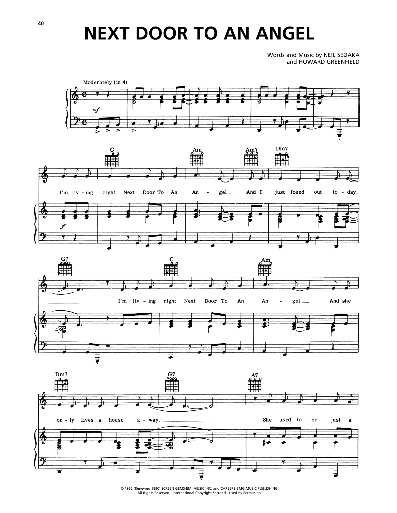 Neil Sedaka Next Door To An Angel Sheet Music Notes & Chords for Piano, Vocal & Guitar Chords (Right-Hand Melody) - Download or Print PDF