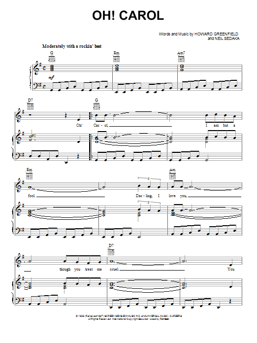 Neil Sedaka Oh! Carol Sheet Music Notes & Chords for Piano, Vocal & Guitar (Right-Hand Melody) - Download or Print PDF