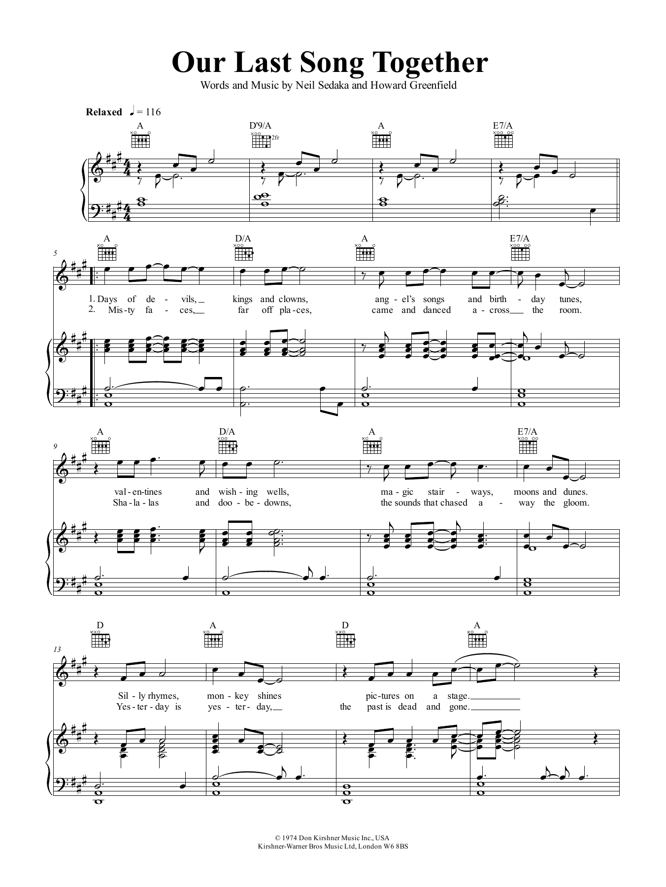 Neil Sedaka Our Last Song Together Sheet Music Notes & Chords for Piano, Vocal & Guitar (Right-Hand Melody) - Download or Print PDF