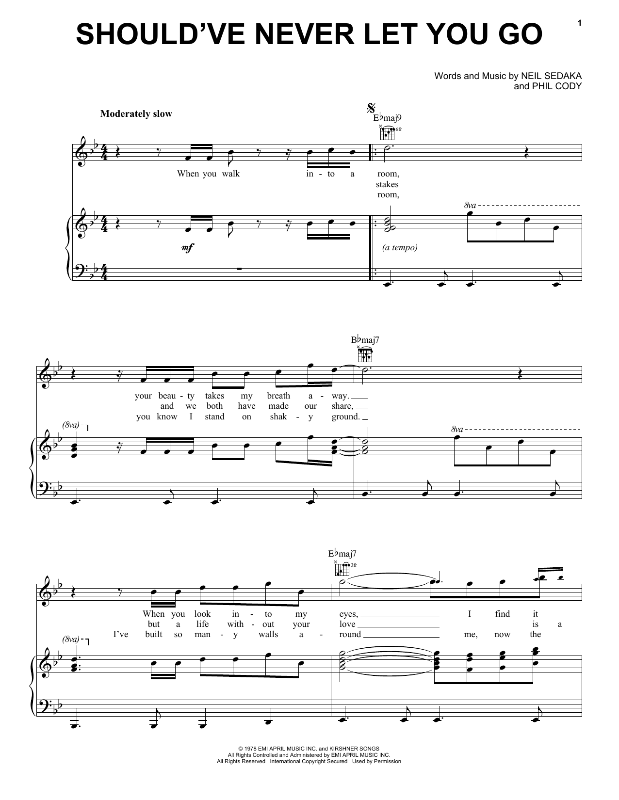 Neil Sedaka Should've Never Let You Go Sheet Music Notes & Chords for Piano, Vocal & Guitar Chords (Right-Hand Melody) - Download or Print PDF