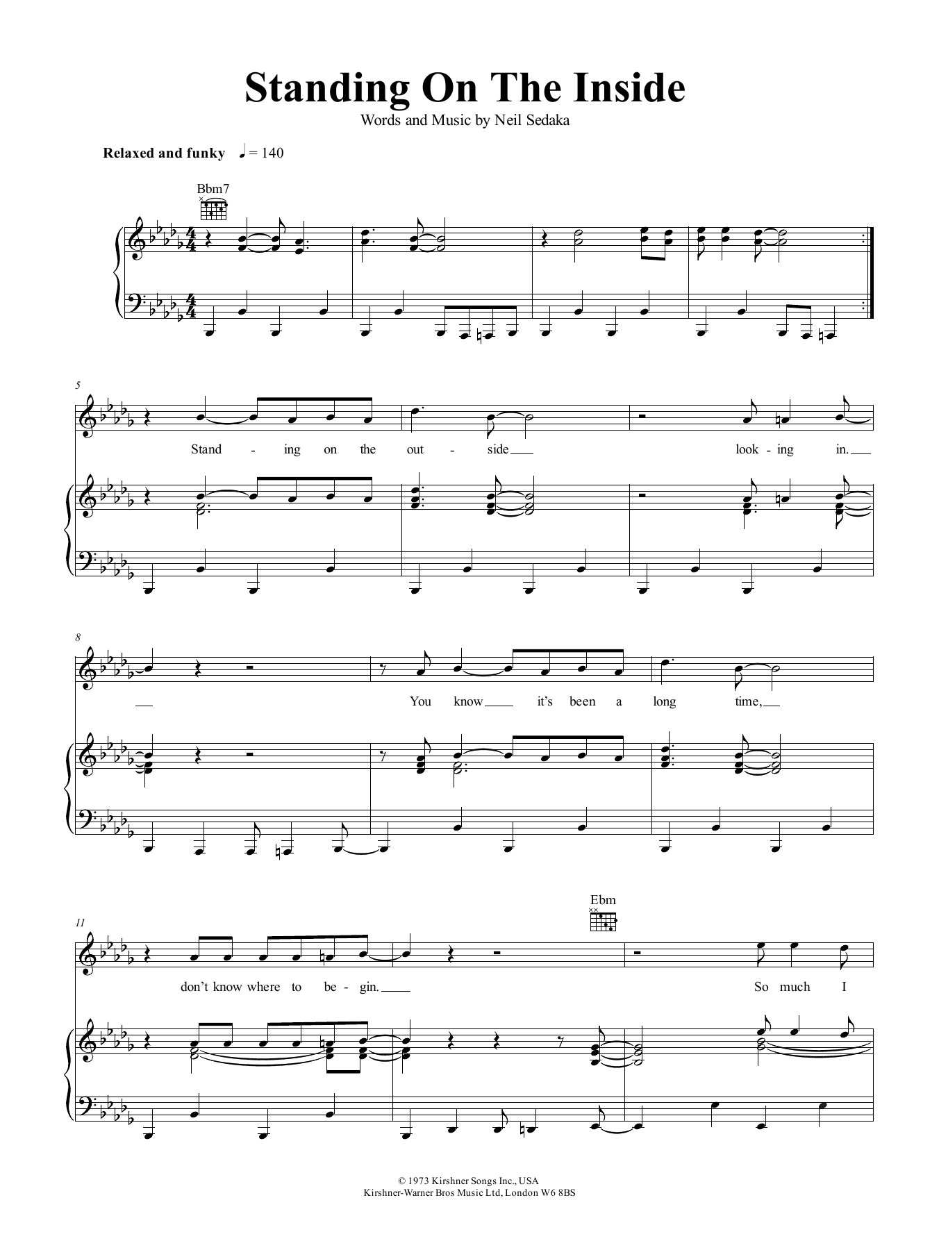 Neil Sedaka Standing On The Inside Sheet Music Notes & Chords for Piano, Vocal & Guitar (Right-Hand Melody) - Download or Print PDF