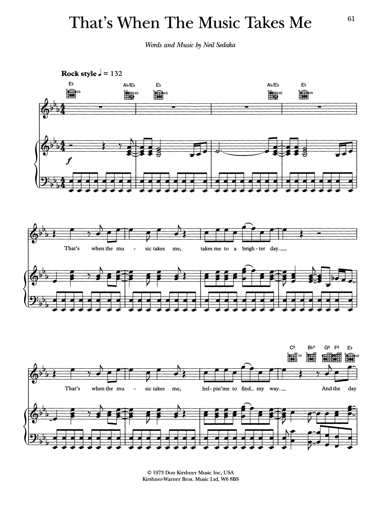 Neil Sedaka That's When The Music Takes Me Sheet Music Notes & Chords for Piano, Vocal & Guitar Chords (Right-Hand Melody) - Download or Print PDF