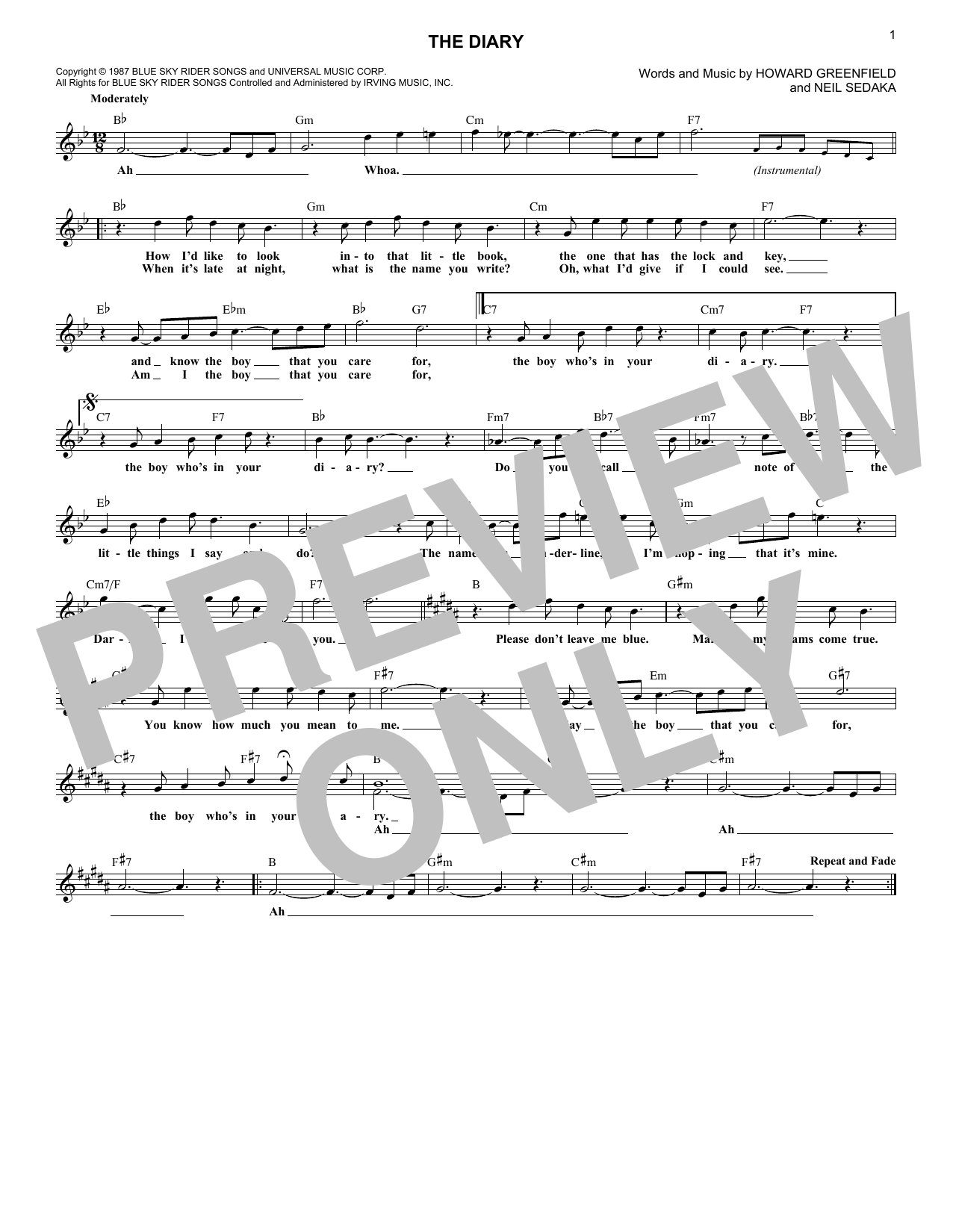 Neil Sedaka The Diary Sheet Music Notes & Chords for Melody Line, Lyrics & Chords - Download or Print PDF