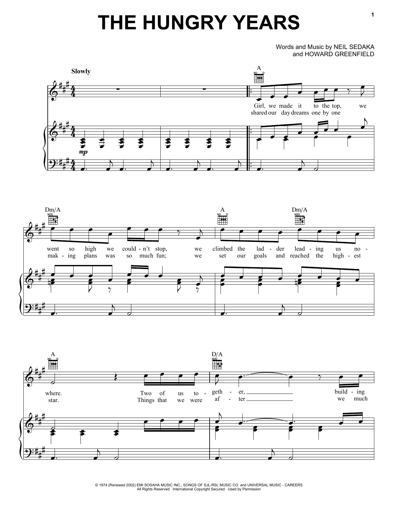 Neil Sedaka The Hungry Years Sheet Music Notes & Chords for Piano, Vocal & Guitar (Right-Hand Melody) - Download or Print PDF