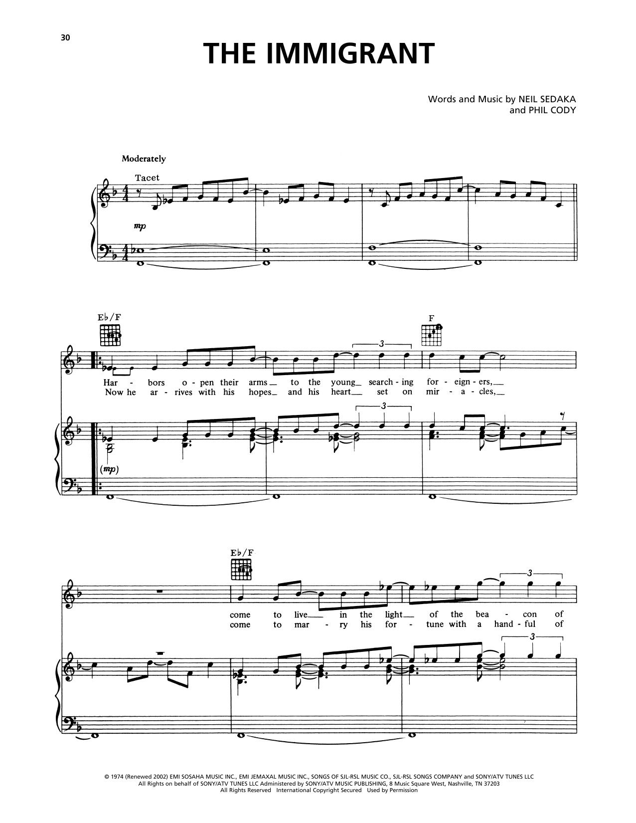 Neil Sedaka The Immigrant Sheet Music Notes & Chords for Piano, Vocal & Guitar Chords (Right-Hand Melody) - Download or Print PDF