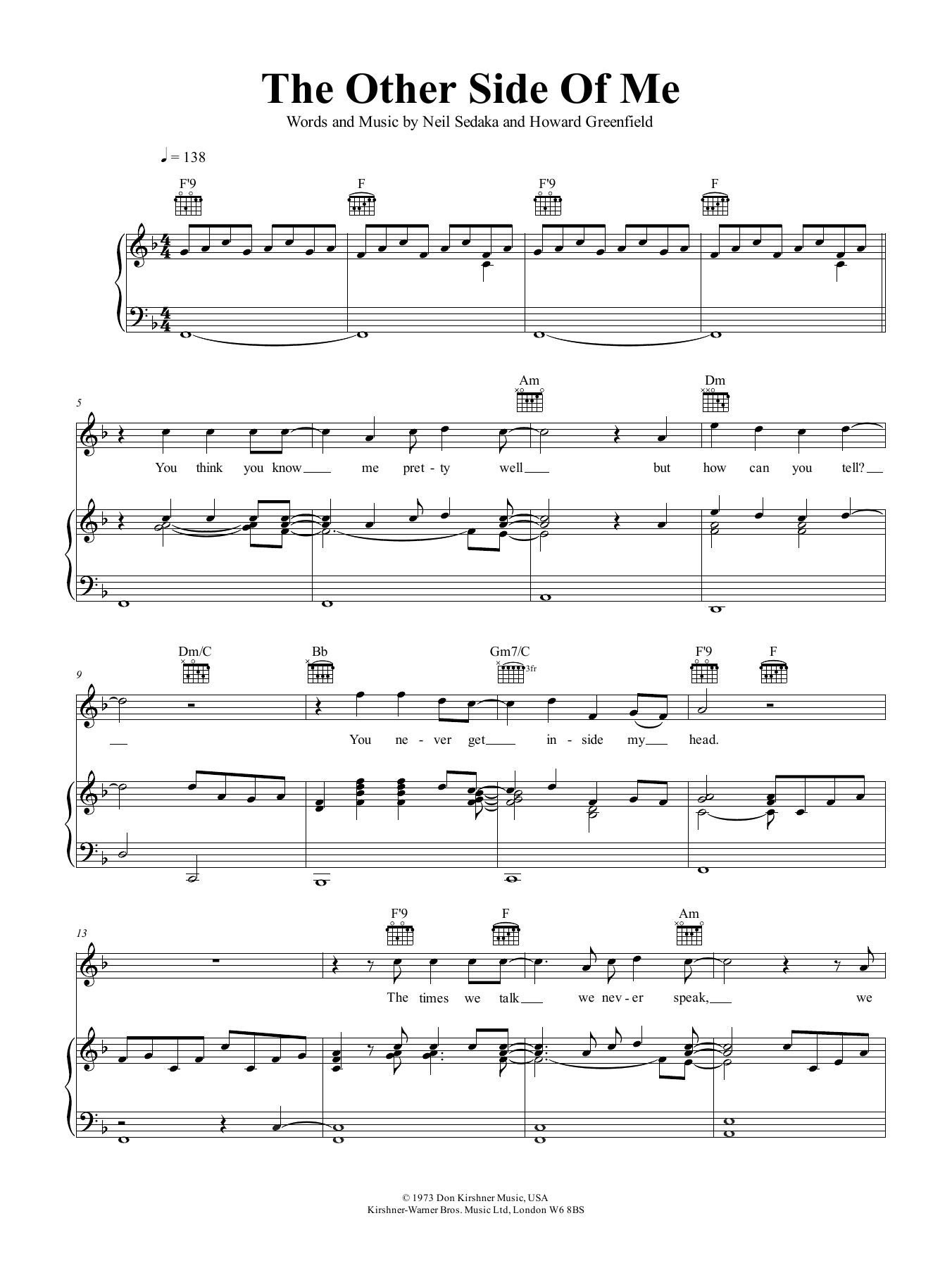 Neil Sedaka The Other Side Of Me Sheet Music Notes & Chords for Piano, Vocal & Guitar (Right-Hand Melody) - Download or Print PDF