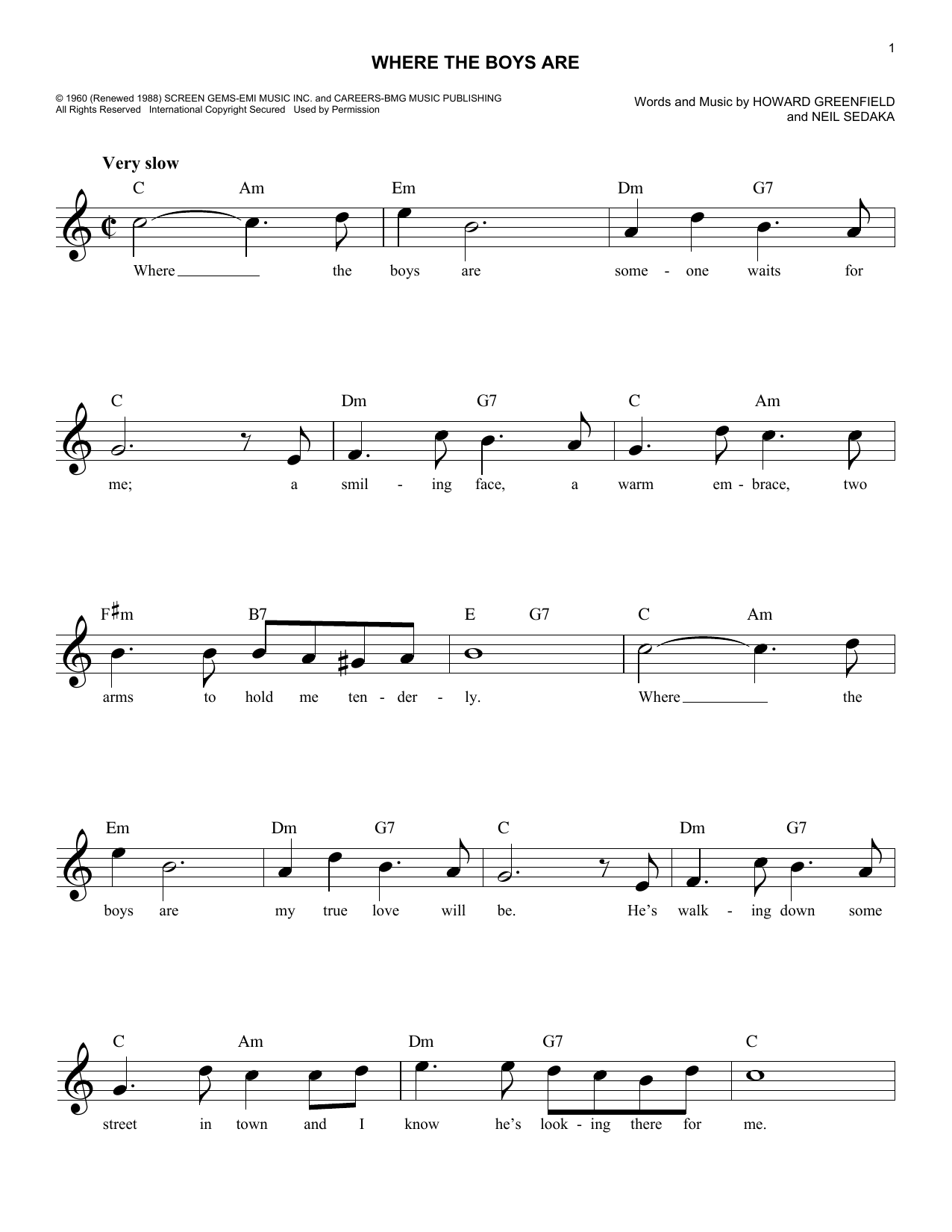 Neil Sedaka Where The Boys Are Sheet Music Notes & Chords for Melody Line, Lyrics & Chords - Download or Print PDF