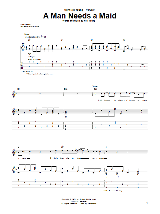 Neil Young A Man Needs A Maid Sheet Music Notes & Chords for Easy Guitar Tab - Download or Print PDF