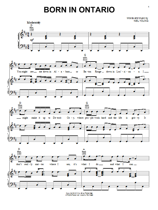 Neil Young Born In Ontario Sheet Music Notes & Chords for Piano, Vocal & Guitar (Right-Hand Melody) - Download or Print PDF