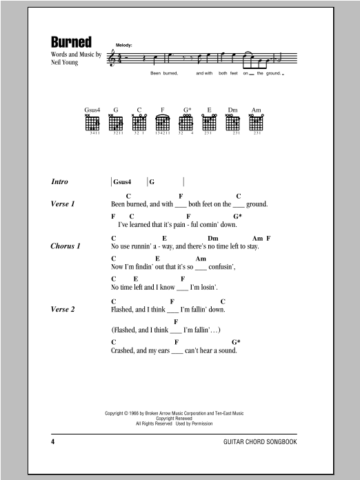 Neil Young Burned Sheet Music Notes & Chords for Lyrics & Chords - Download or Print PDF