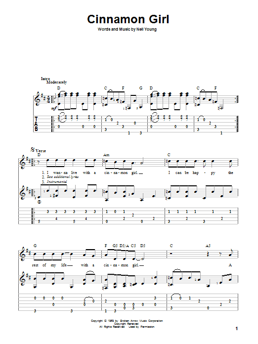 Neil Young Cinnamon Girl Sheet Music Notes & Chords for Lyrics & Chords - Download or Print PDF