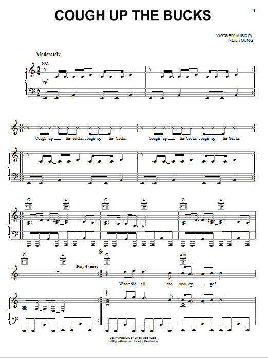 Neil Young Cough Up The Bucks Sheet Music Notes & Chords for Piano, Vocal & Guitar (Right-Hand Melody) - Download or Print PDF
