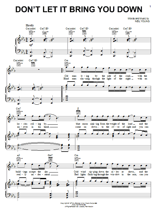 Neil Young Don't Let It Bring You Down Sheet Music Notes & Chords for Piano, Vocal & Guitar (Right-Hand Melody) - Download or Print PDF
