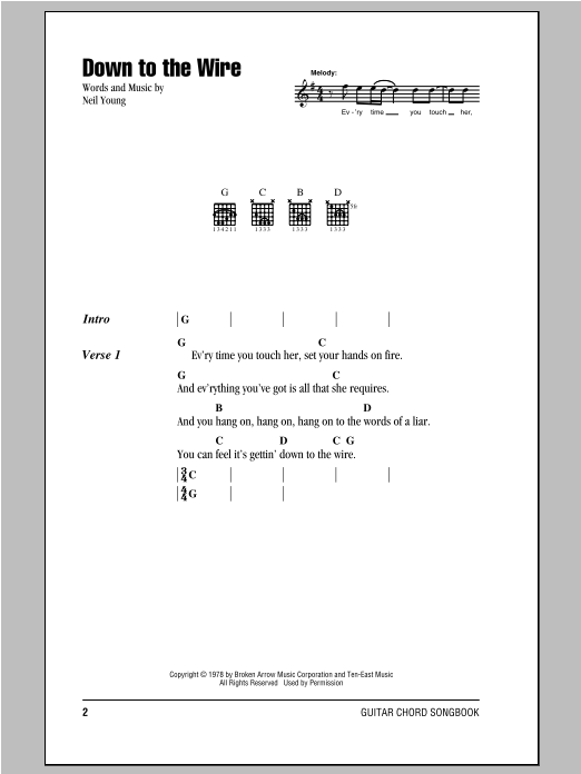Neil Young Down To The Wire Sheet Music Notes & Chords for Lyrics & Chords - Download or Print PDF