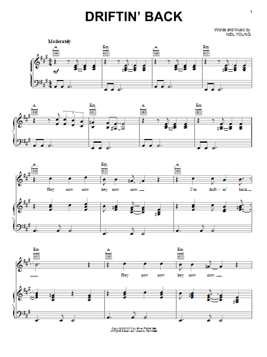 Neil Young Driftin' Back Sheet Music Notes & Chords for Piano, Vocal & Guitar (Right-Hand Melody) - Download or Print PDF