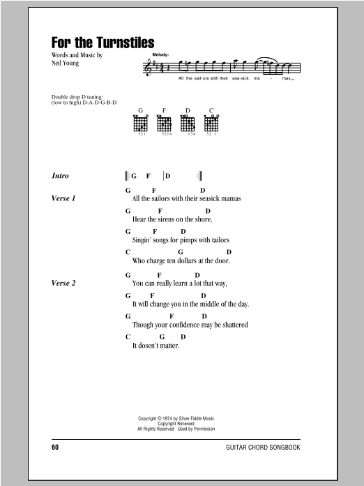 Neil Young For The Turnstiles Sheet Music Notes & Chords for Guitar Tab - Download or Print PDF