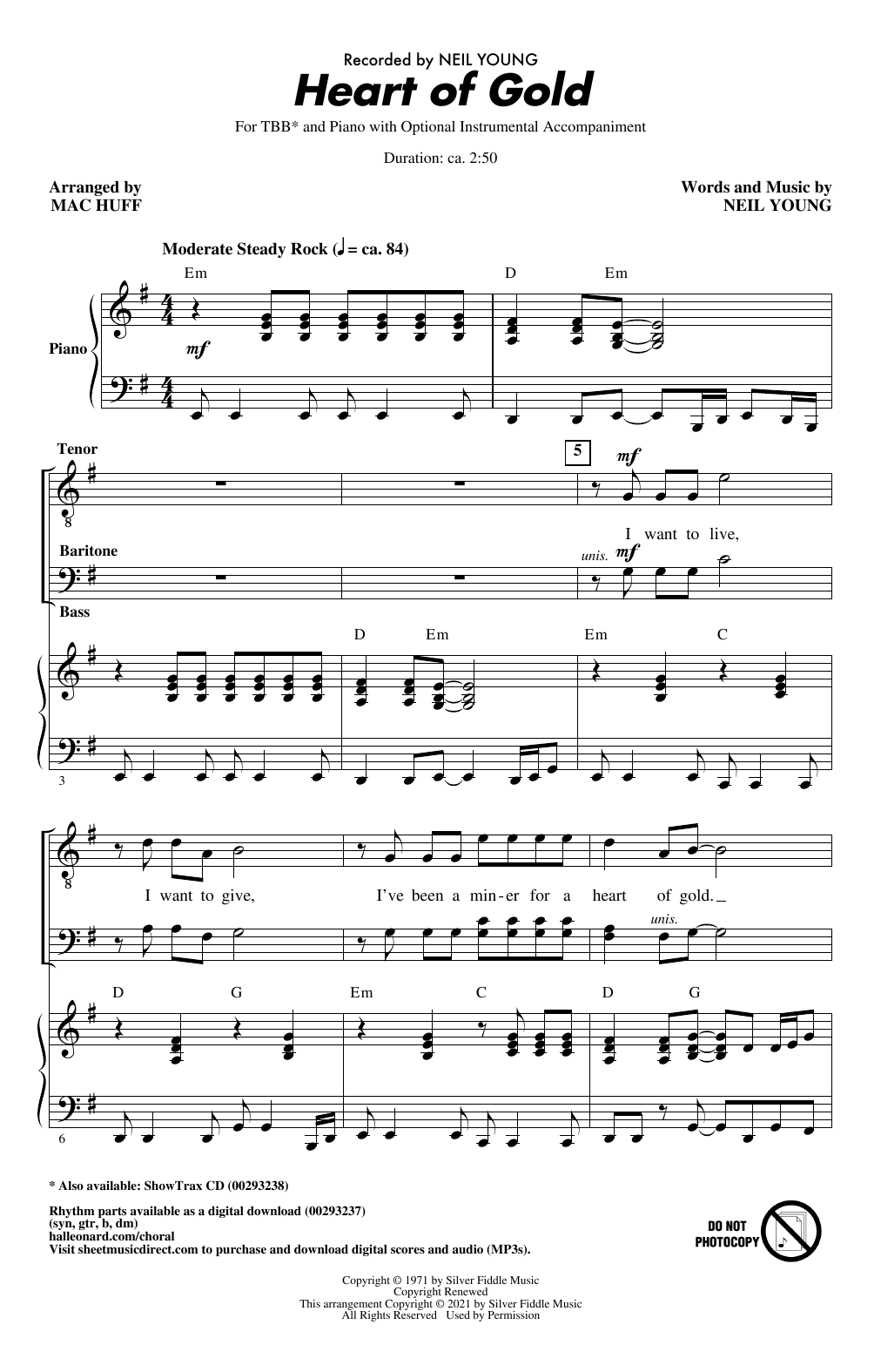 Neil Young Heart Of Gold (arr. Mac Huff) Sheet Music Notes & Chords for TBB Choir - Download or Print PDF