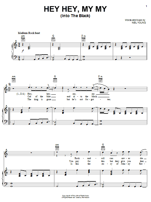 Neil Young Hey Hey, My My (Into The Black) Sheet Music Notes & Chords for Piano, Vocal & Guitar (Right-Hand Melody) - Download or Print PDF