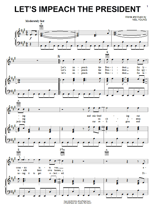 Neil Young Let's Impeach The President Sheet Music Notes & Chords for Piano, Vocal & Guitar (Right-Hand Melody) - Download or Print PDF Neil Young Let's Impeach The President Sheet Music Notes & Chords for Piano, Vocal & Guitar (Right-Hand Melody) - Download or Print PDF