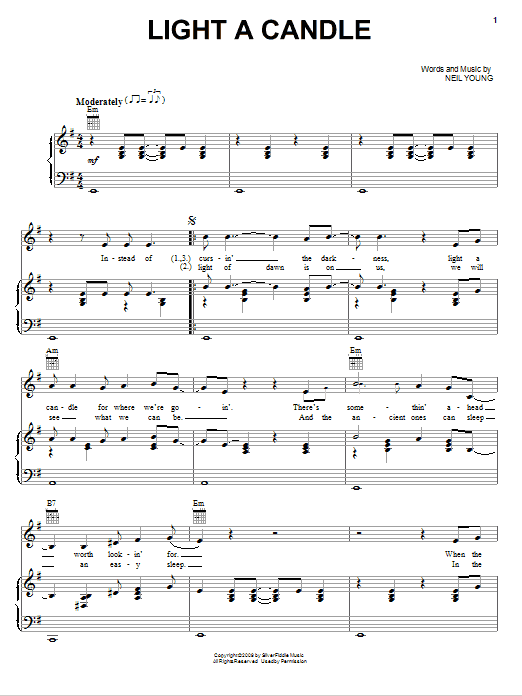 Neil Young Light A Candle Sheet Music Notes & Chords for Piano, Vocal & Guitar (Right-Hand Melody) - Download or Print PDF