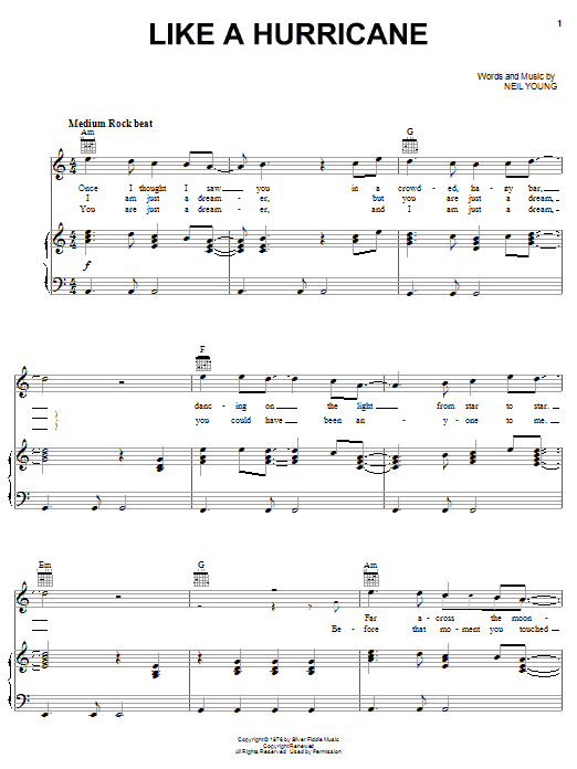 Neil Young Like A Hurricane Sheet Music Notes & Chords for Easy Guitar Tab - Download or Print PDF