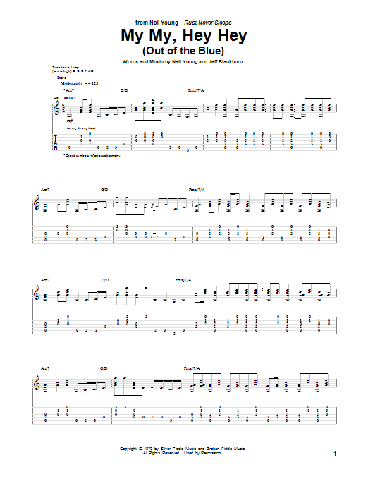 Neil Young My My, Hey Hey (Out Of The Blue) Sheet Music Notes & Chords for Guitar Tab - Download or Print PDF Neil Young My My, Hey Hey (Out Of The Blue) Sheet Music Notes & Chords for Guitar Tab - Download or Print PDF