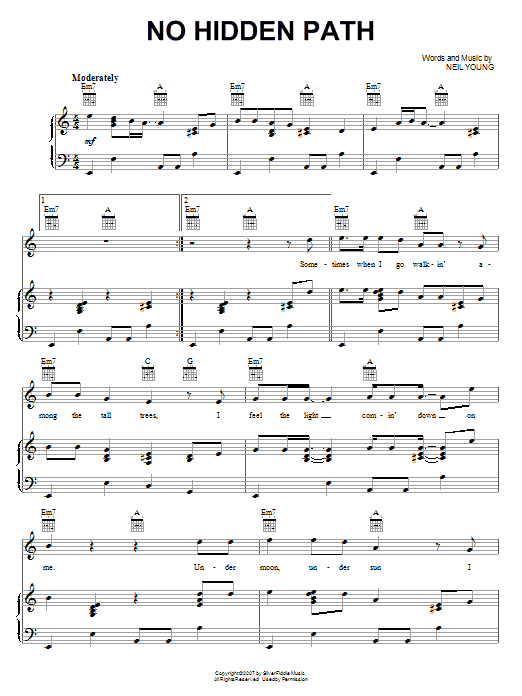 Neil Young No Hidden Path Sheet Music Notes & Chords for Piano, Vocal & Guitar (Right-Hand Melody) - Download or Print PDF