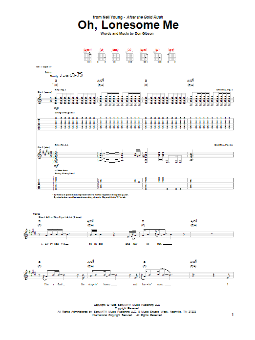 Neil Young Oh, Lonesome Me Sheet Music Notes & Chords for Guitar Tab - Download or Print PDF