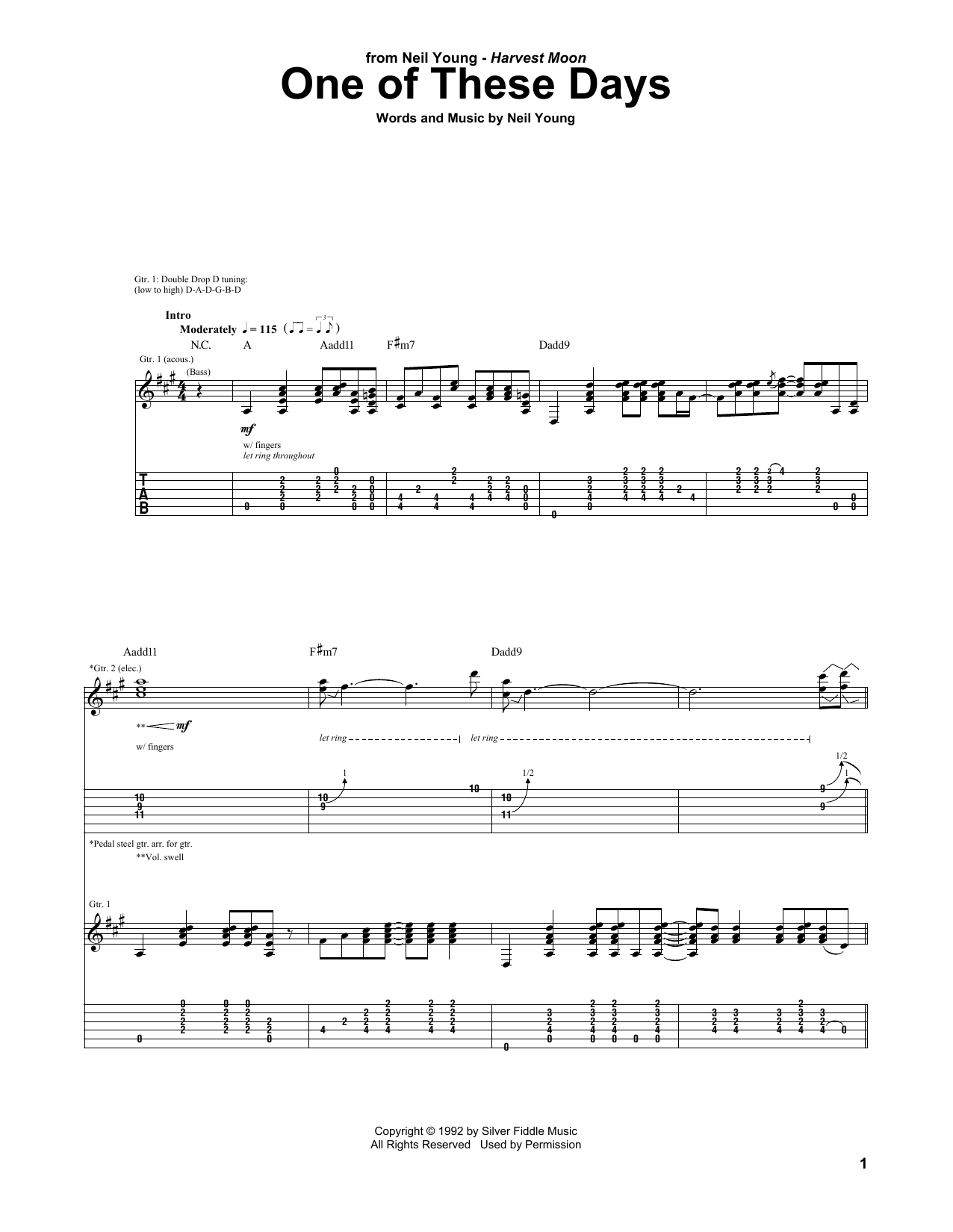 Neil Young One Of These Days Sheet Music Notes & Chords for Guitar Tab - Download or Print PDF