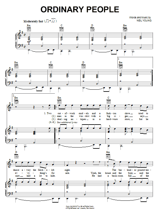 Neil Young Ordinary People Sheet Music Notes & Chords for Piano, Vocal & Guitar (Right-Hand Melody) - Download or Print PDF