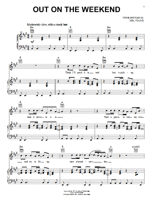 Neil Young Out On The Weekend Sheet Music Notes & Chords for Piano, Vocal & Guitar (Right-Hand Melody) - Download or Print PDF