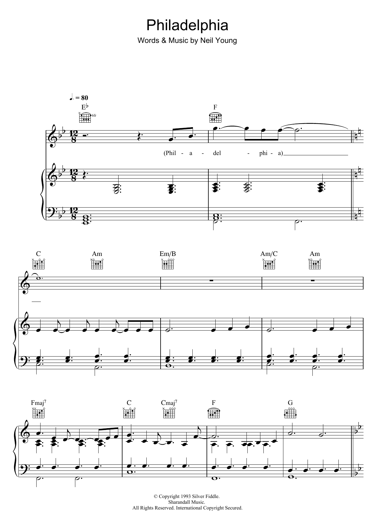 Neil Young Philadelphia Sheet Music Notes & Chords for Piano, Vocal & Guitar (Right-Hand Melody) - Download or Print PDF