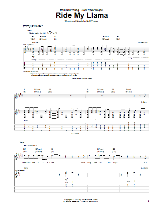Neil Young Ride My Llama Sheet Music Notes & Chords for Guitar Tab - Download or Print PDF