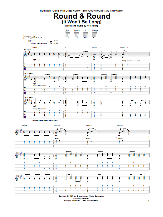 Neil Young Round & Round (It Won't Be Long) Sheet Music Notes & Chords for Guitar Tab - Download or Print PDF
