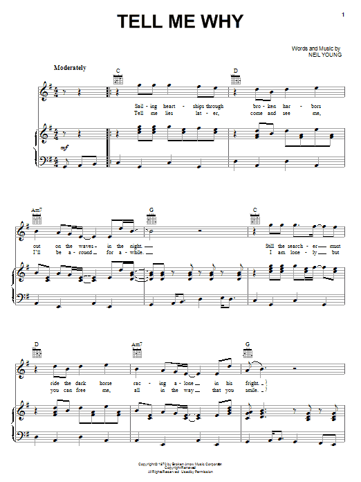 Neil Young Tell Me Why Sheet Music Notes & Chords for Piano, Vocal & Guitar (Right-Hand Melody) - Download or Print PDF