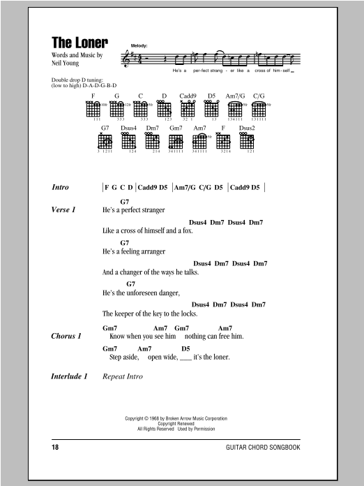 Neil Young The Loner Sheet Music Notes & Chords for Lyrics & Chords - Download or Print PDF