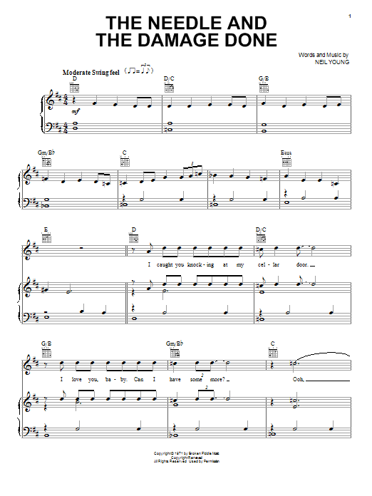 Neil Young The Needle And The Damage Done Sheet Music Notes & Chords for Piano, Vocal & Guitar (Right-Hand Melody) - Download or Print PDF