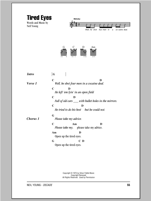 Neil Young Tired Eyes Sheet Music Notes & Chords for Lyrics & Chords - Download or Print PDF