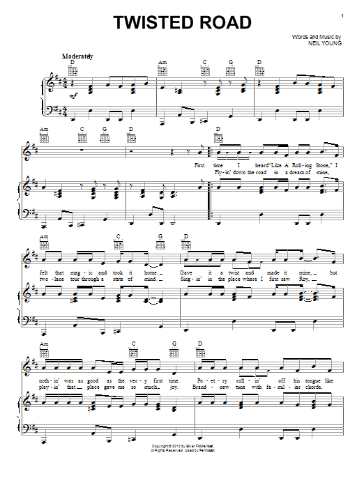 Neil Young Twisted Road Sheet Music Notes & Chords for Piano, Vocal & Guitar (Right-Hand Melody) - Download or Print PDF