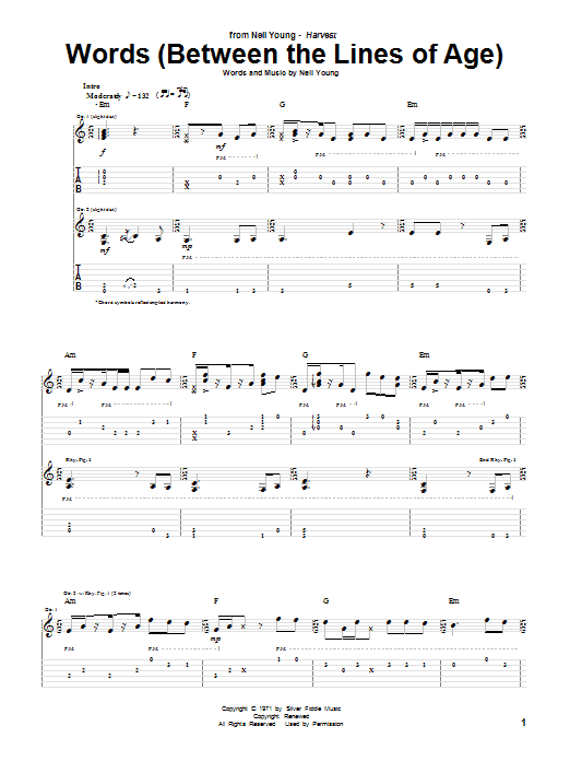 Neil Young Words (Between The Lines Of Age) Sheet Music Notes & Chords for Easy Guitar Tab - Download or Print PDF