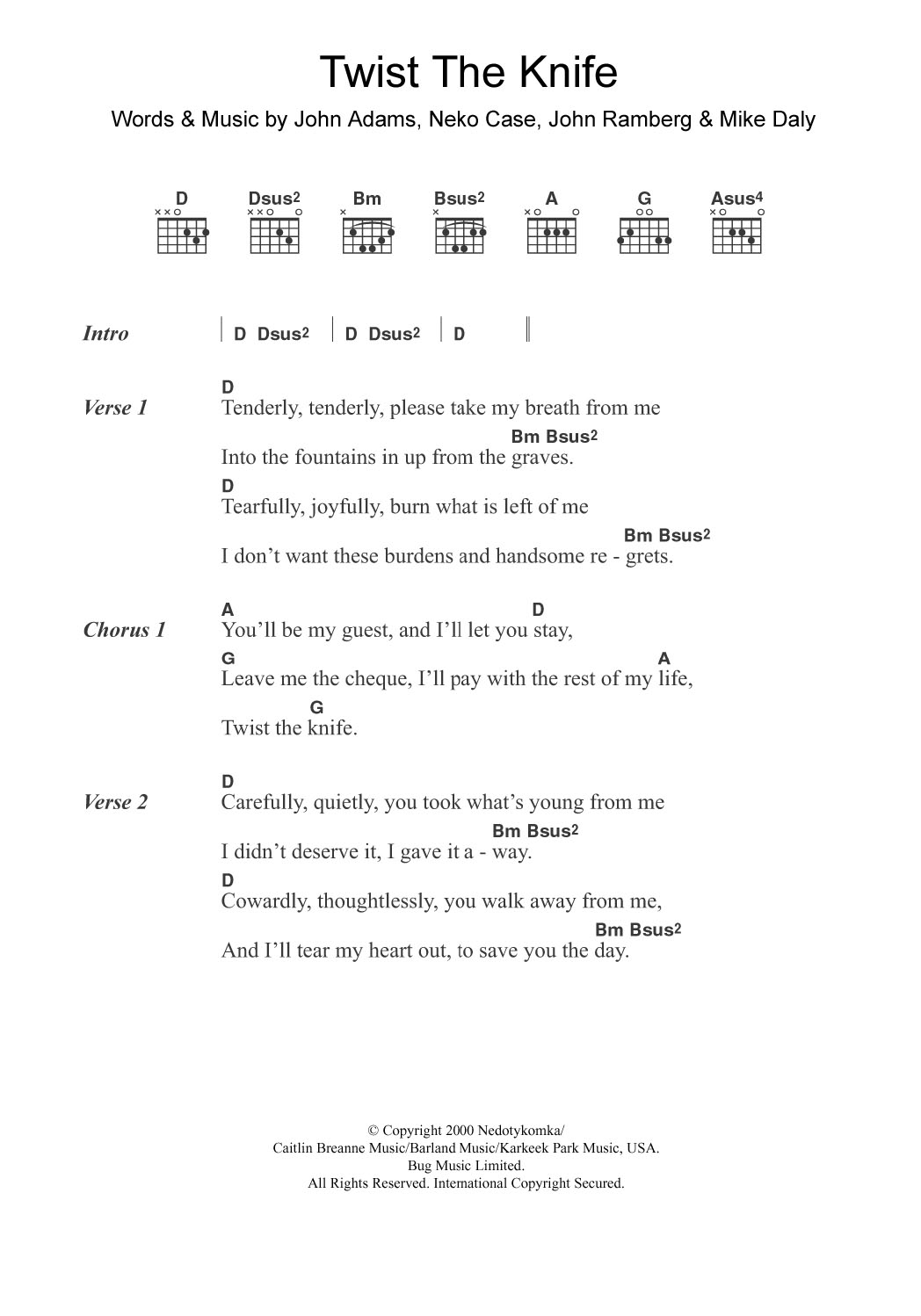 Neko Case & Her Boyfriends Twist The Knife Sheet Music Notes & Chords for Lyrics & Chords - Download or Print PDF