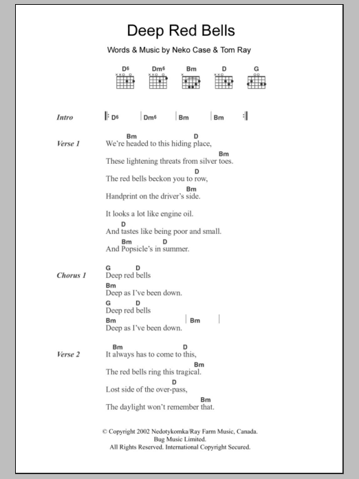 Neko Case Deep Red Bells Sheet Music Notes & Chords for Lyrics & Chords - Download or Print PDF