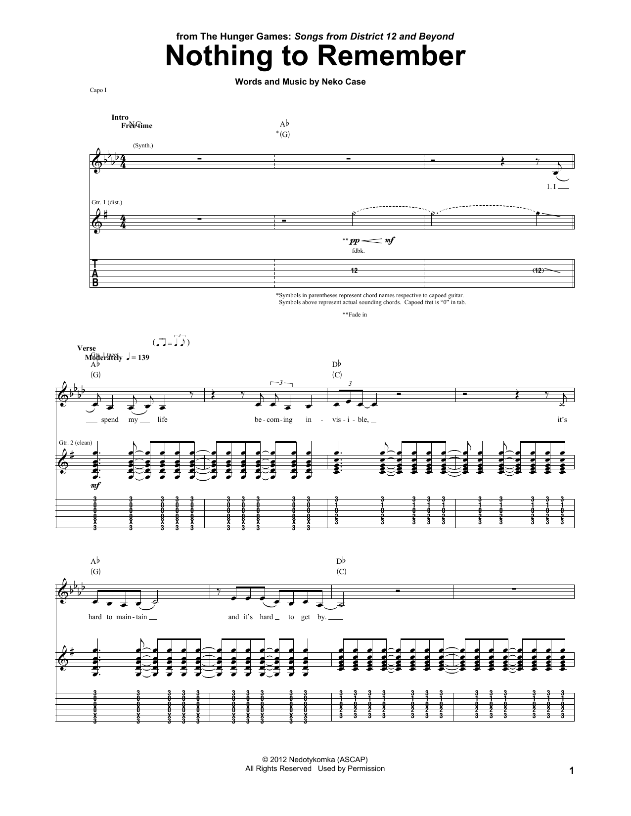 Neko Case Nothing To Remember (from The Hunger Games) Sheet Music Notes & Chords for Piano, Vocal & Guitar (Right-Hand Melody) - Download or Print PDF