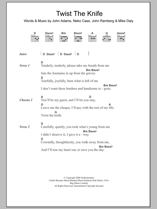 Neko Case & Her Boyfriends Twist The Knife Sheet Music Notes & Chords for Lyrics & Chords - Download or Print PDF