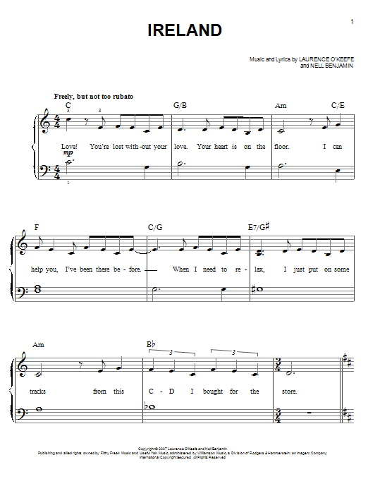 Nell Benjamin Ireland Sheet Music Notes & Chords for Easy Piano - Download or Print PDF