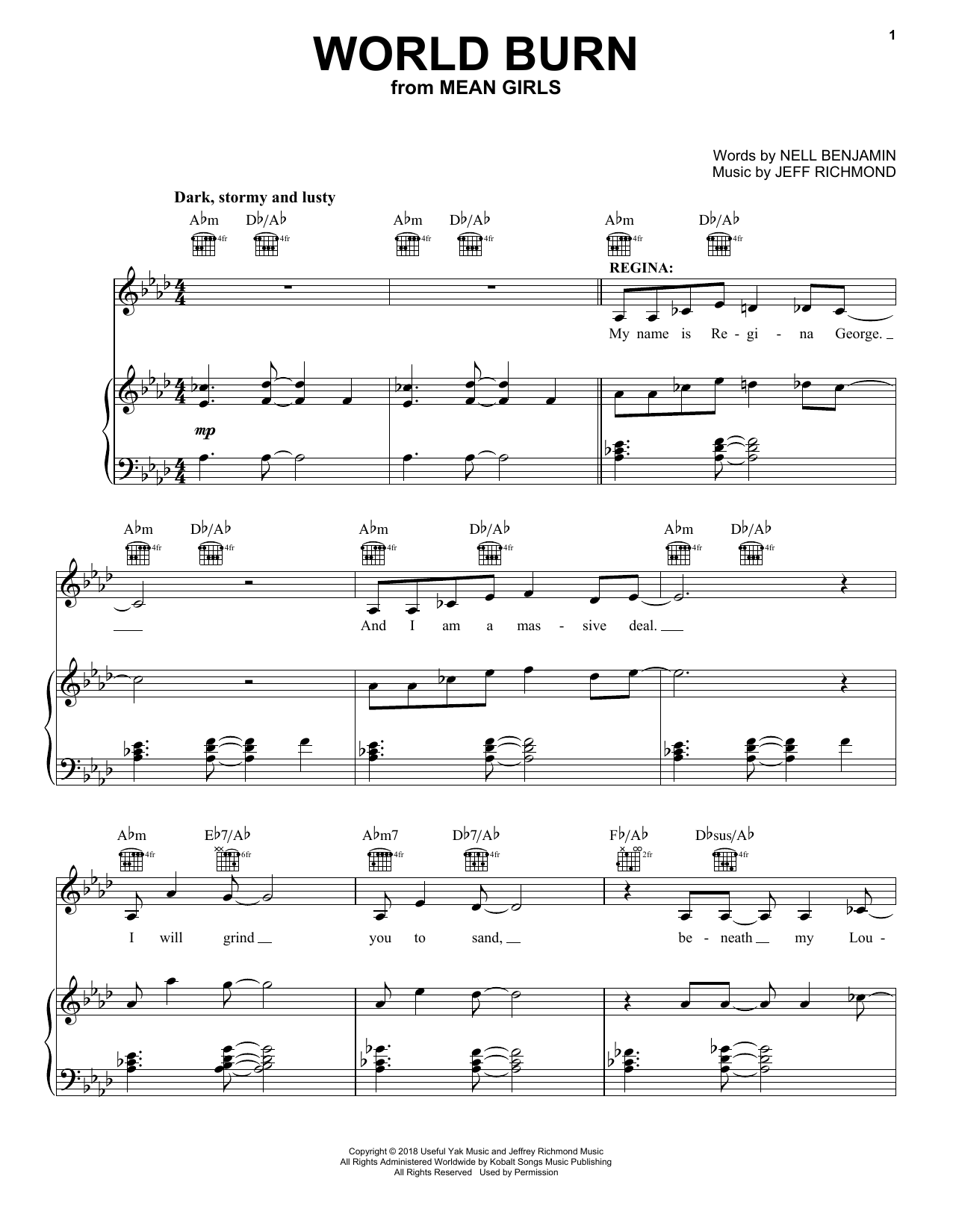 Nell Benjamin World Burn (from Mean Girls) Sheet Music Notes & Chords for Piano, Vocal & Guitar Chords (Right-Hand Melody) - Download or Print PDF