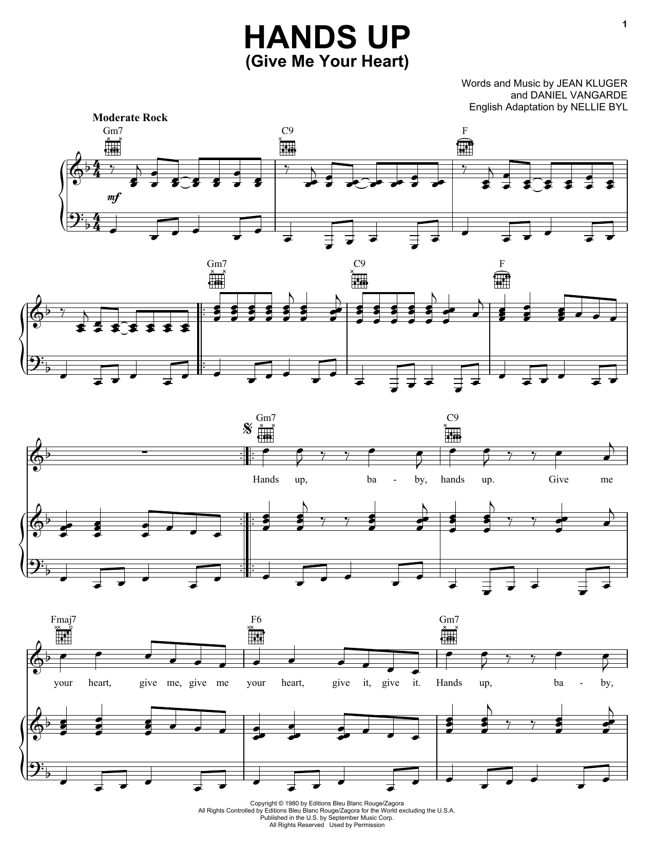 Nellie Byl Hands Up (Give Me Your Heart) Sheet Music Notes & Chords for Piano, Vocal & Guitar (Right-Hand Melody) - Download or Print PDF